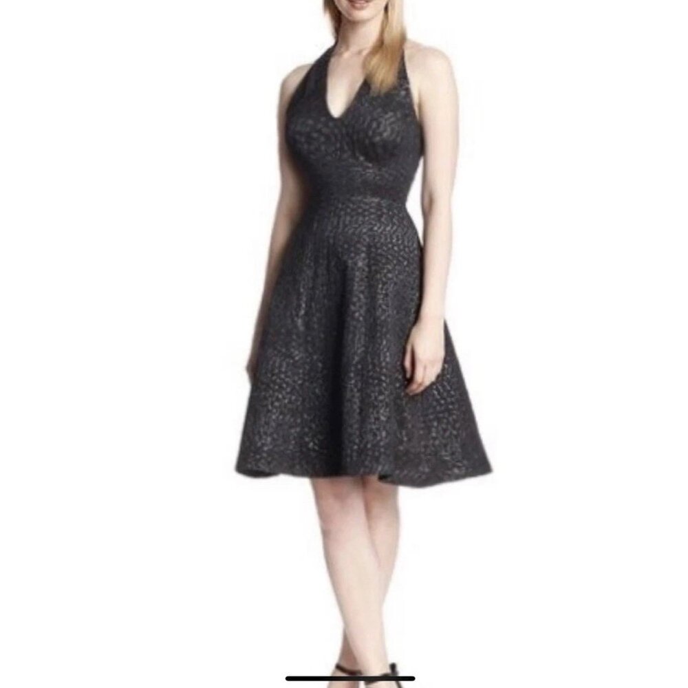 Eva Franco Anthropologie Size 6 Anya Halter Dress Black Fit Flare Lined V Neck